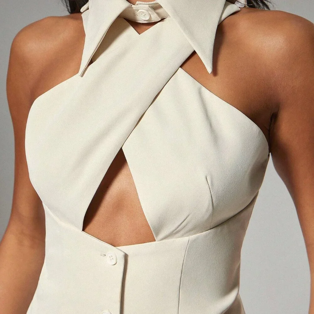 Apricot Casual Women's Sexy Office Criss-Cross Halter Neck Blazer Vest Top - Picture 6 of 6